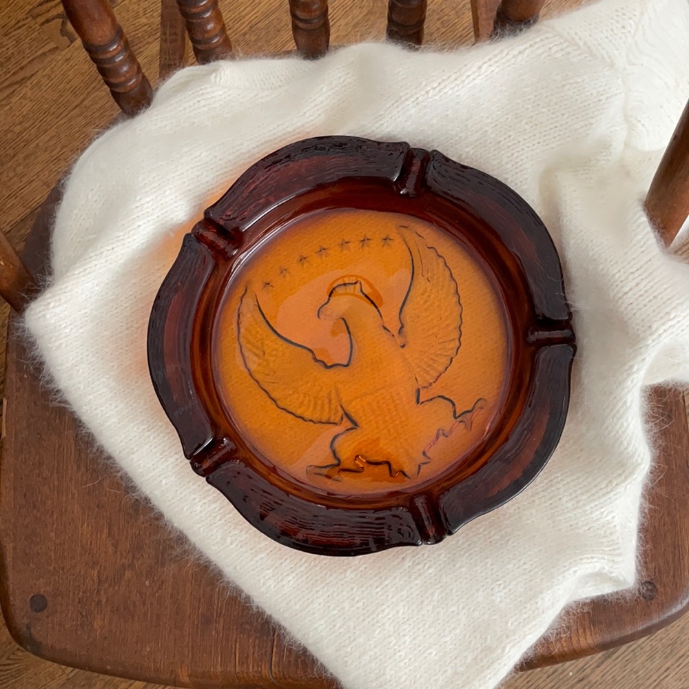 Vintage Large Amber Glass American Eagle Ashtray